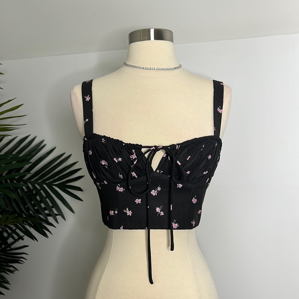A Black and Pink Floral Bustier